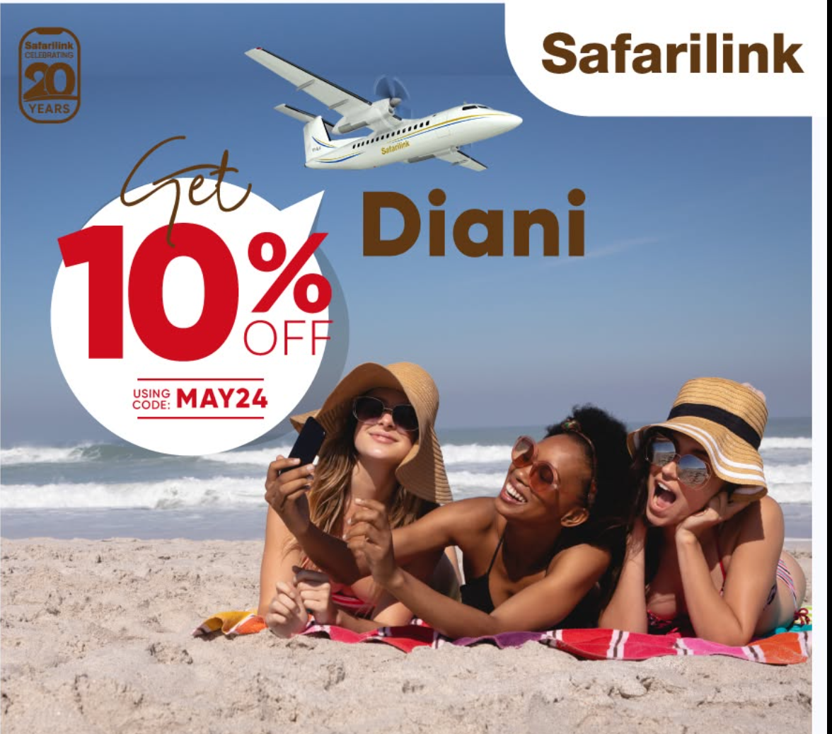 Safarilink Diani poster with friends on the beach