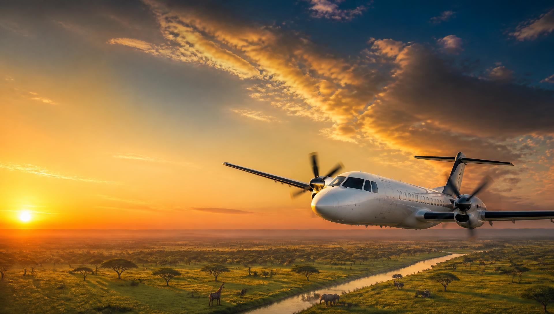 Safarilink Dash 8 flying low over the Kenyan savannah at golden-hour sunrise